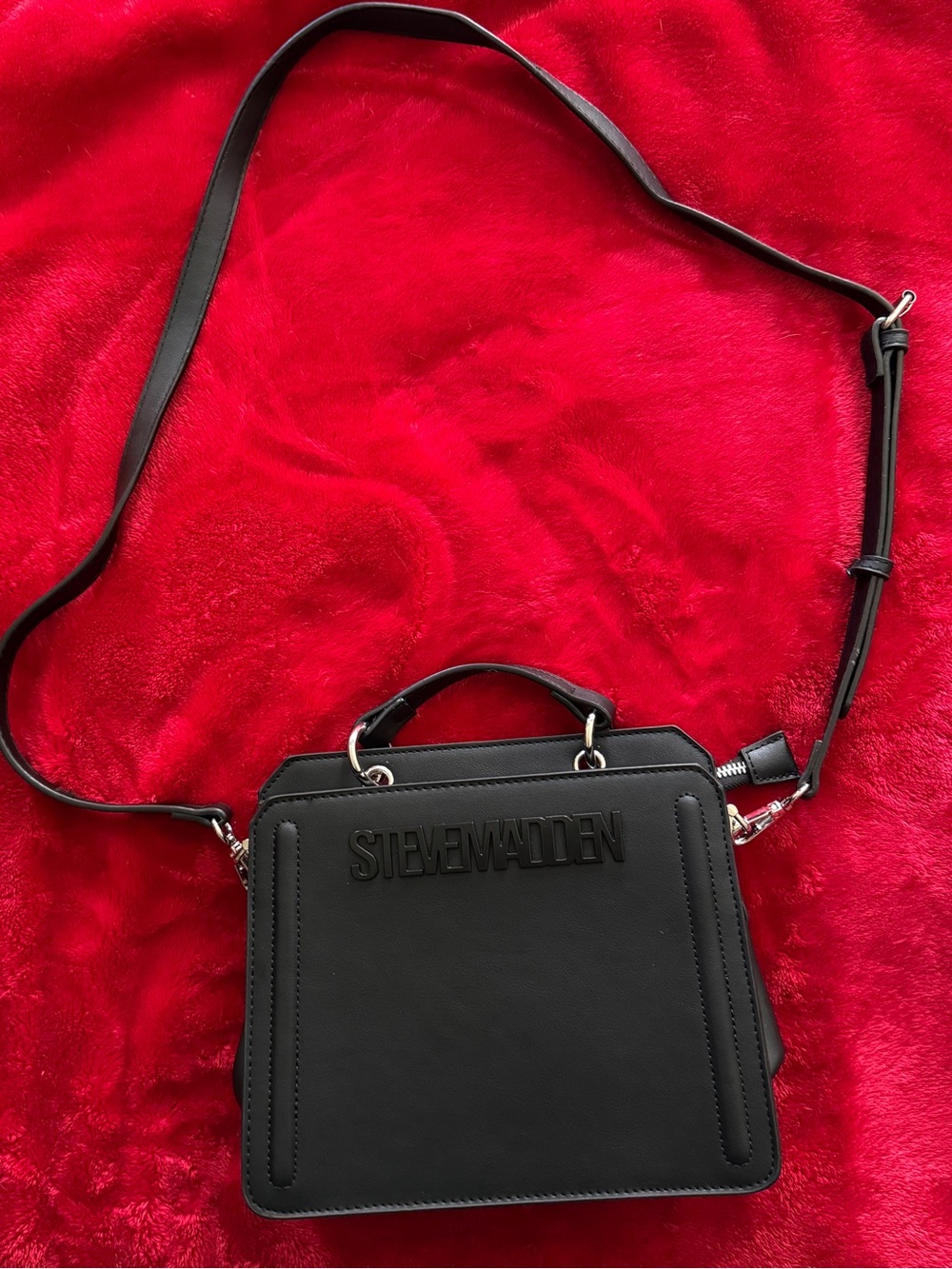 Steve Madden Black Faux Leather Boxy Crossbody Bag Satchel Detachable Strap